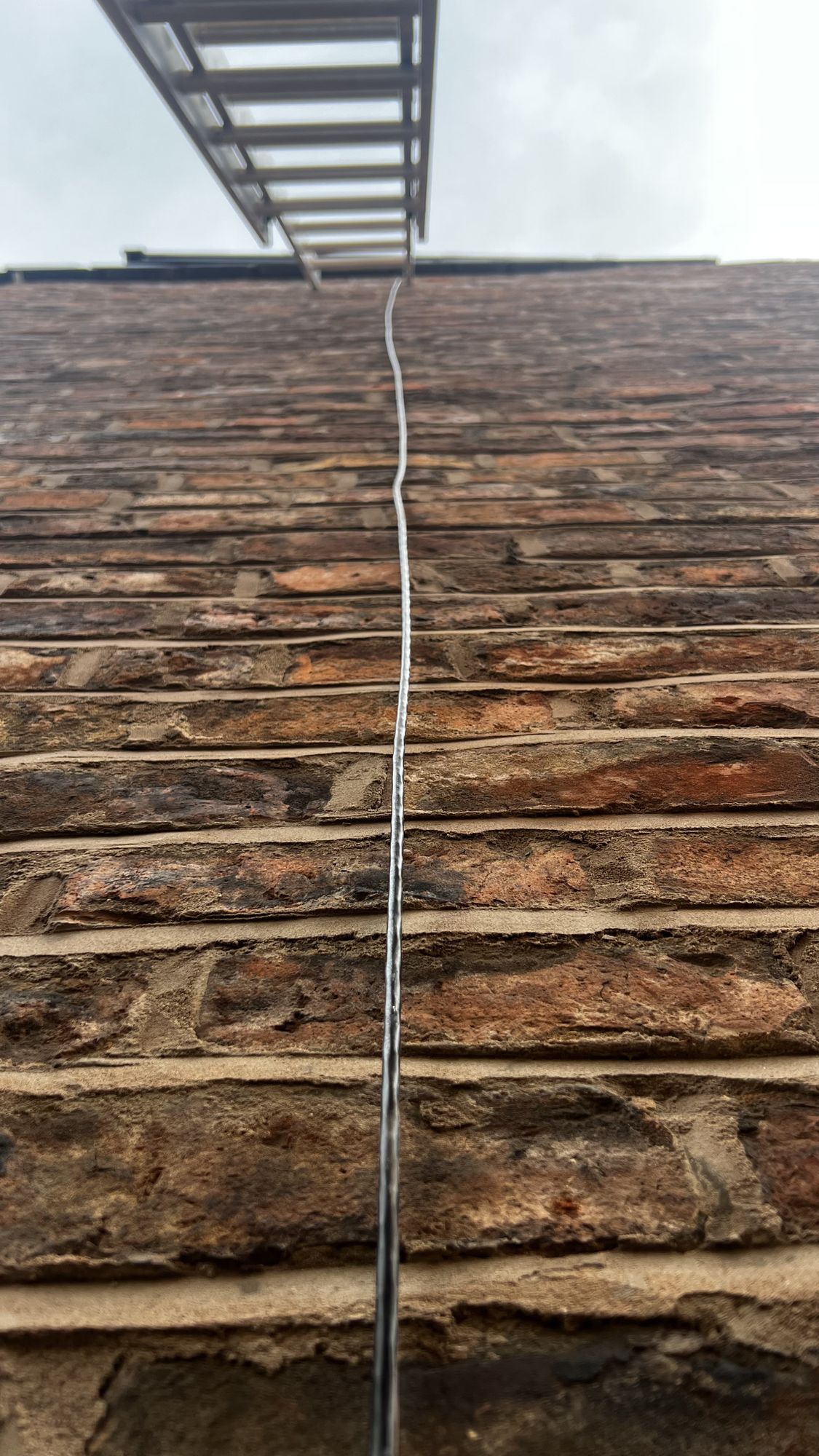 Looking straight up a brick gable wall: one thin black network cable runs up the brickwork to a ladder at the roofline